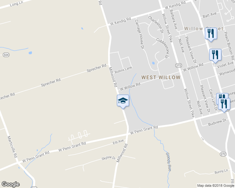 map of restaurants, bars, coffee shops, grocery stores, and more near 732 Millwood Road in Willow Street