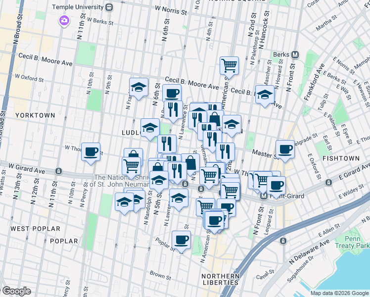 map of restaurants, bars, coffee shops, grocery stores, and more near 410 West Master Street in Philadelphia