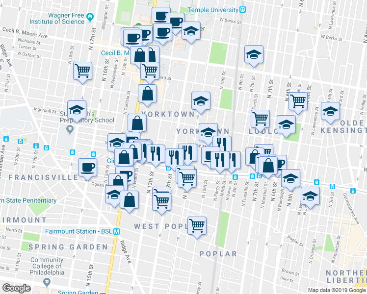 map of restaurants, bars, coffee shops, grocery stores, and more near 1117 Custis Place in Philadelphia