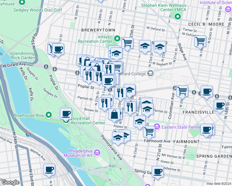 map of restaurants, bars, coffee shops, grocery stores, and more near 2520 Poplar Street in Philadelphia