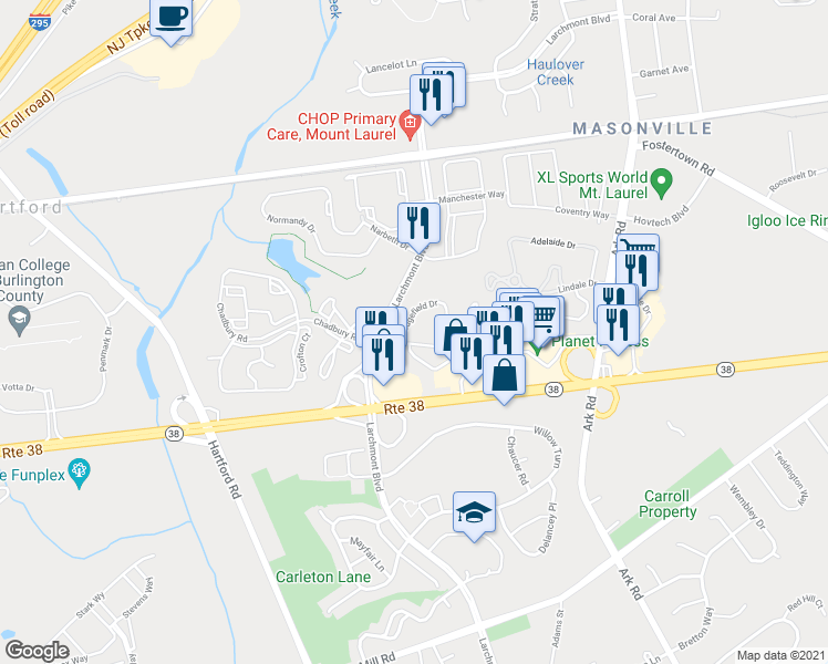 map of restaurants, bars, coffee shops, grocery stores, and more near 203A Sedgefield Drive in Mount Laurel