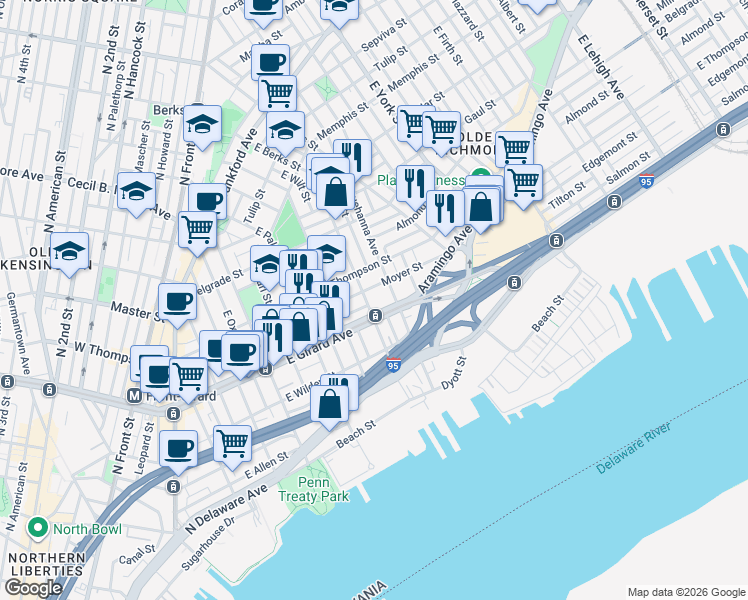 map of restaurants, bars, coffee shops, grocery stores, and more near in Philadelphia