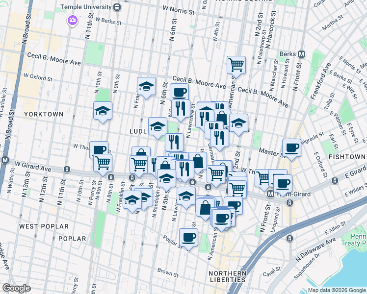 map of restaurants, bars, coffee shops, grocery stores, and more near 1320 North Lawrence Street in Philadelphia