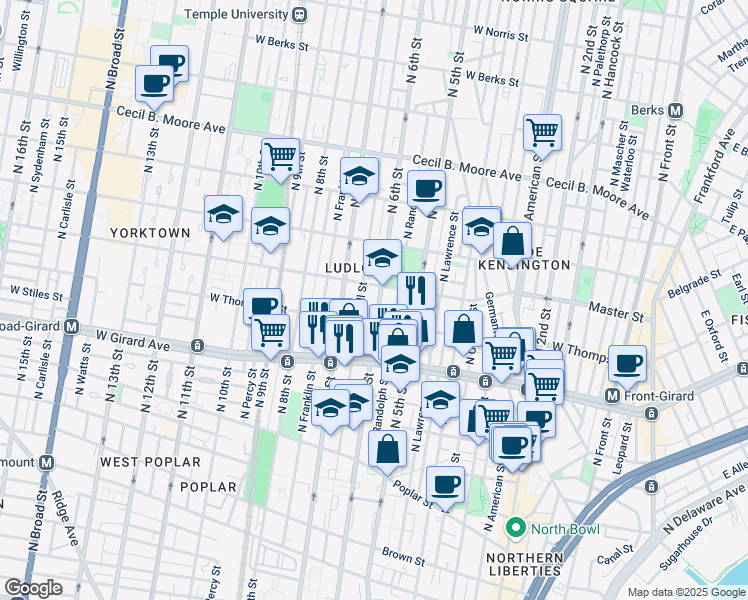 map of restaurants, bars, coffee shops, grocery stores, and more near 1311 North Marshall Street in Philadelphia