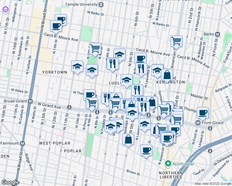 map of restaurants, bars, coffee shops, grocery stores, and more near 1311 North Marshall Street in Philadelphia