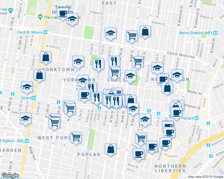 map of restaurants, bars, coffee shops, grocery stores, and more near 1301 North Franklin Street in Philadelphia