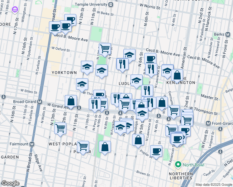 map of restaurants, bars, coffee shops, grocery stores, and more near 1301 North Franklin Street in Philadelphia