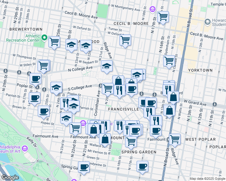map of restaurants, bars, coffee shops, grocery stores, and more near in Philadelphia