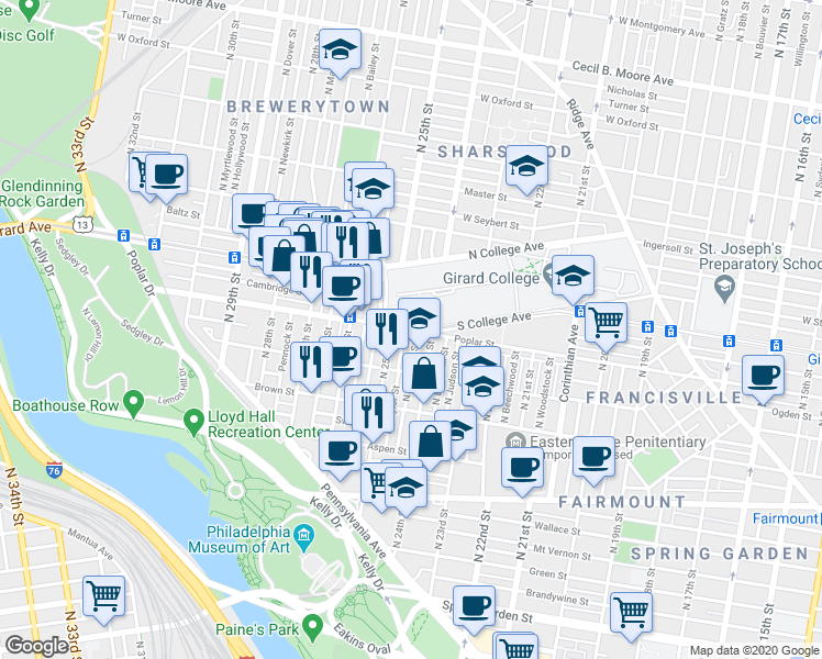map of restaurants, bars, coffee shops, grocery stores, and more near 889 North Taylor Street in Philadelphia