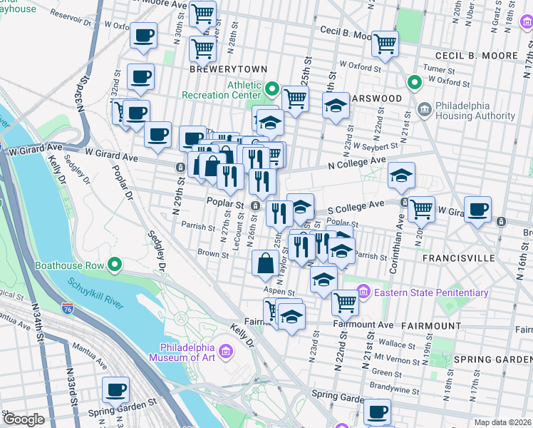 map of restaurants, bars, coffee shops, grocery stores, and more near 851 North Bambrey Street in Philadelphia