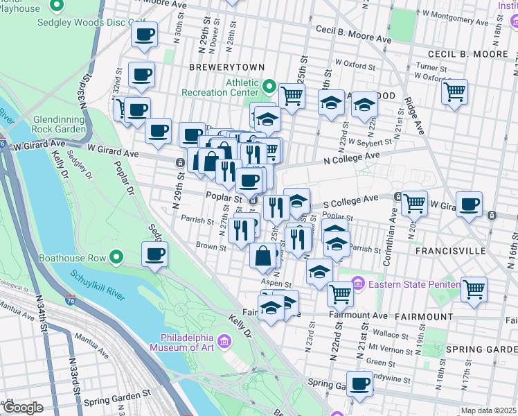 map of restaurants, bars, coffee shops, grocery stores, and more near 851 North Bambrey Street in Philadelphia