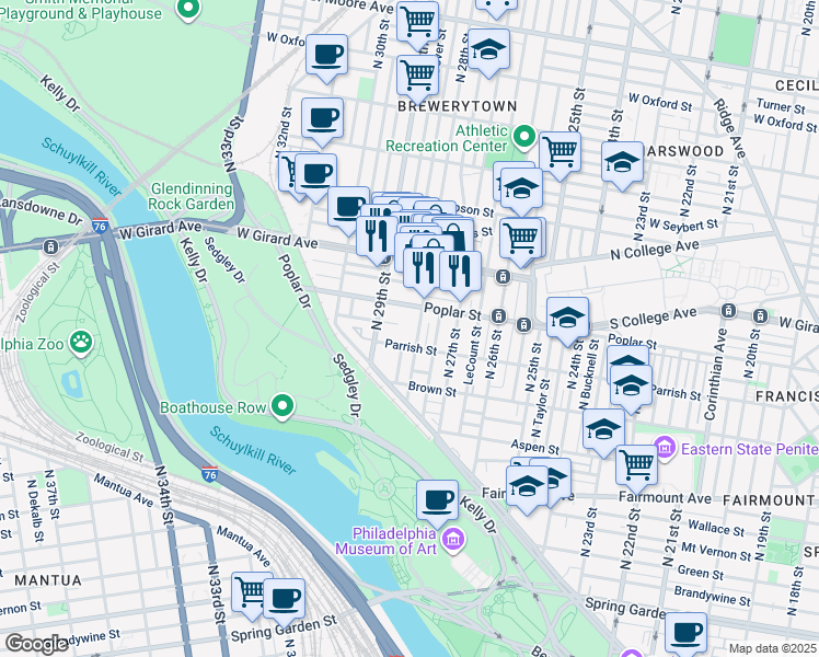 map of restaurants, bars, coffee shops, grocery stores, and more near 870 North 28th Street in Philadelphia