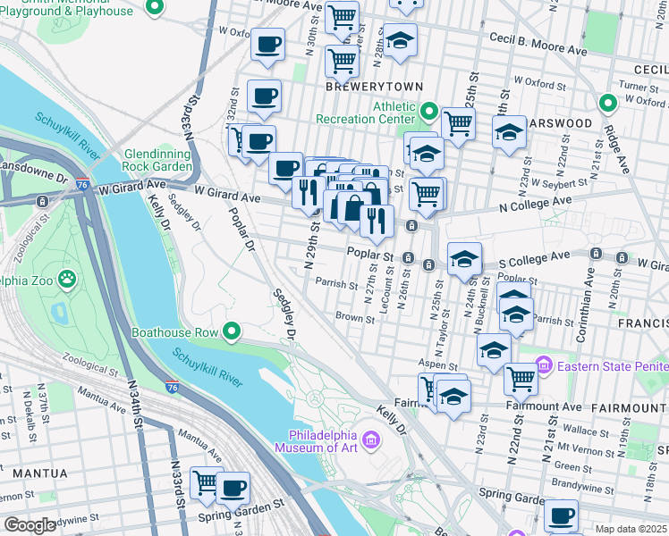 map of restaurants, bars, coffee shops, grocery stores, and more near 842 North 28th Street in Philadelphia