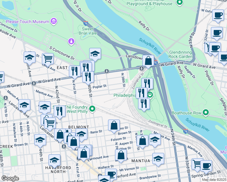 map of restaurants, bars, coffee shops, grocery stores, and more near 3856 Wyalusing Avenue in Philadelphia