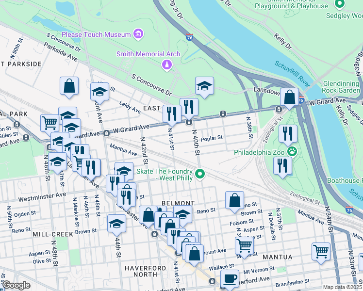 map of restaurants, bars, coffee shops, grocery stores, and more near 4039 Wyalusing Avenue in Philadelphia