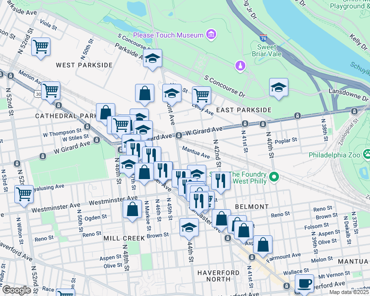 map of restaurants, bars, coffee shops, grocery stores, and more near 1031 Belmont Avenue in Philadelphia