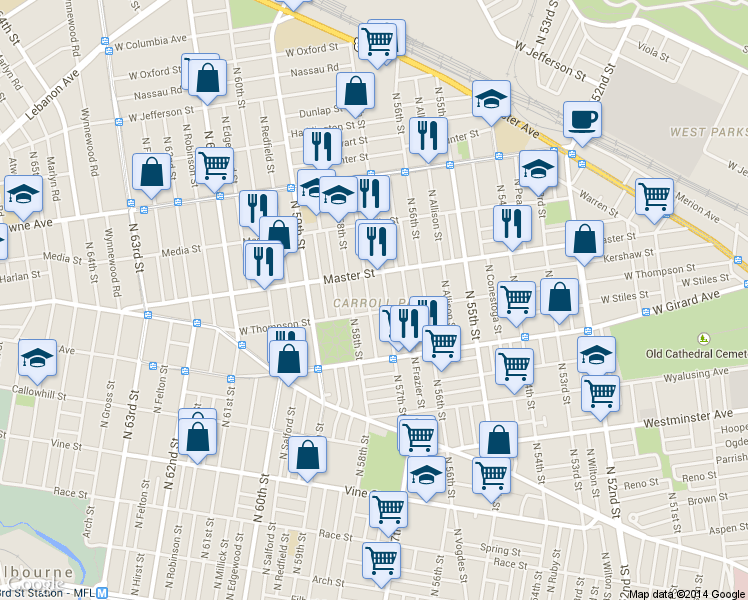 map of restaurants, bars, coffee shops, grocery stores, and more near 1300 North Alden Street in Philadelphia