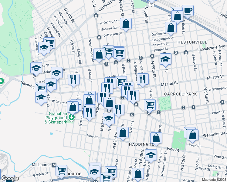 map of restaurants, bars, coffee shops, grocery stores, and more near 6249 Haverford Avenue in Philadelphia