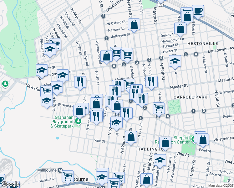 map of restaurants, bars, coffee shops, grocery stores, and more near 6249 Haverford Avenue in Philadelphia