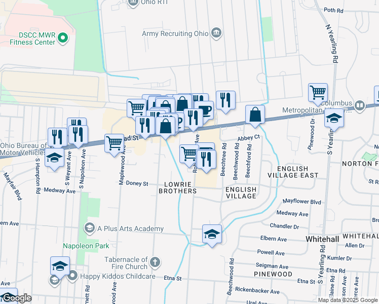 map of restaurants, bars, coffee shops, grocery stores, and more near 93 Robinwood Avenue in Whitehall