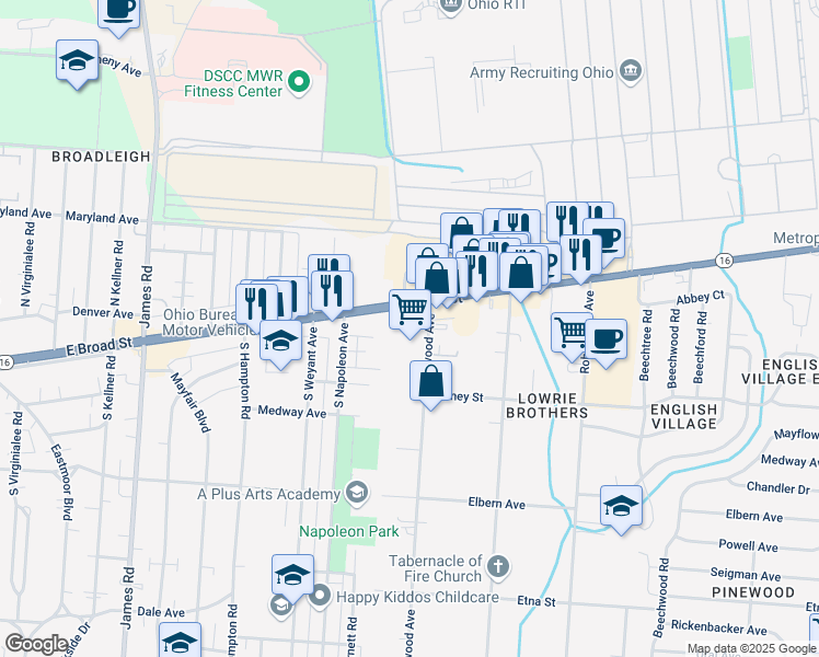 map of restaurants, bars, coffee shops, grocery stores, and more near 3675 Ohio 16 in Whitehall
