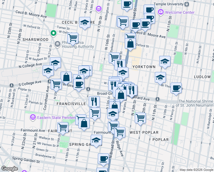 map of restaurants, bars, coffee shops, grocery stores, and more near 1511 West Flora Street in Philadelphia