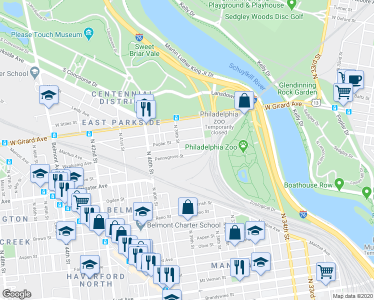 map of restaurants, bars, coffee shops, grocery stores, and more near 3856 Wyalusing Avenue in Philadelphia