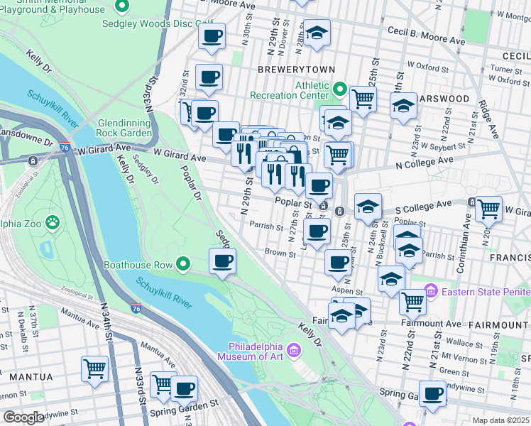 map of restaurants, bars, coffee shops, grocery stores, and more near 870 North 28th Street in Philadelphia