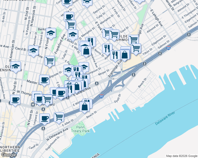 map of restaurants, bars, coffee shops, grocery stores, and more near in Philadelphia