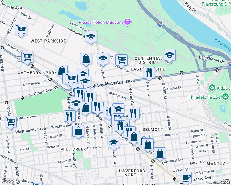 map of restaurants, bars, coffee shops, grocery stores, and more near 1031 Belmont Avenue in Philadelphia