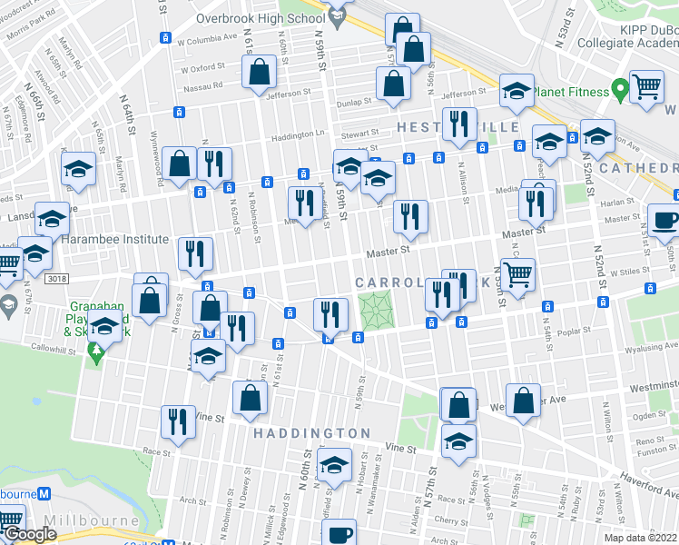 map of restaurants, bars, coffee shops, grocery stores, and more near 1327 North Redfield Street in Philadelphia