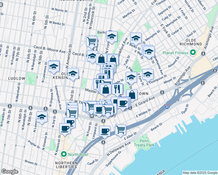 map of restaurants, bars, coffee shops, grocery stores, and more near 212 Belgrade Street in Philadelphia