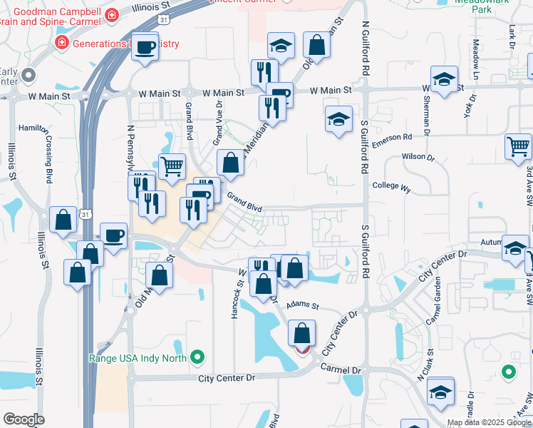 map of restaurants, bars, coffee shops, grocery stores, and more near 1050 Cavendish Drive in Carmel