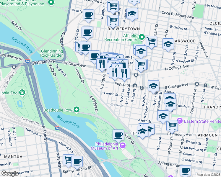 map of restaurants, bars, coffee shops, grocery stores, and more near 842 North 28th Street in Philadelphia