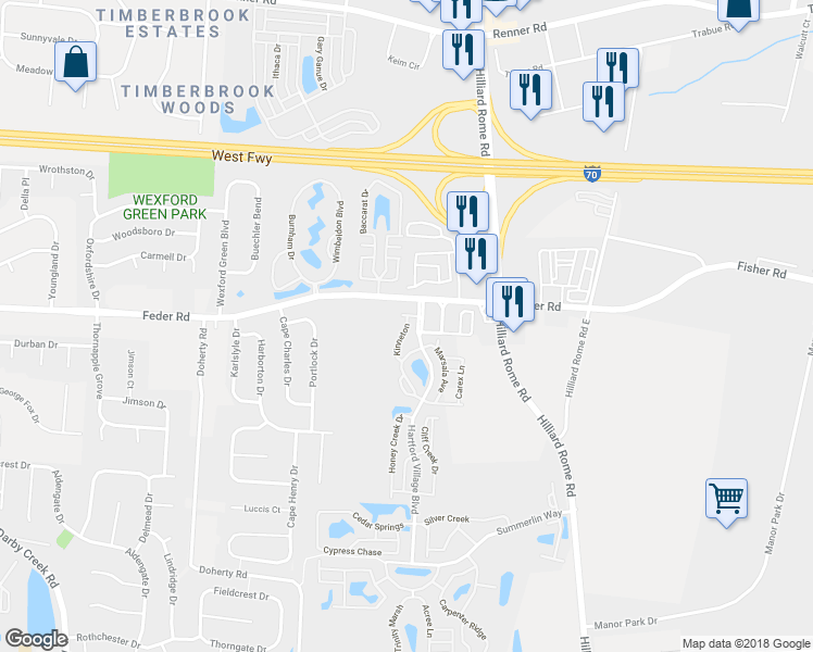 map of restaurants, bars, coffee shops, grocery stores, and more near 1145 Kinneton in Columbus