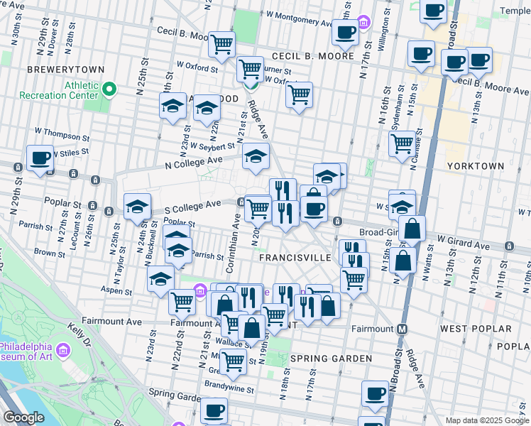 map of restaurants, bars, coffee shops, grocery stores, and more near 1932 West Girard Avenue in Philadelphia