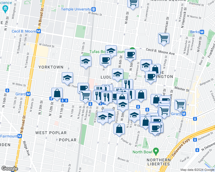 map of restaurants, bars, coffee shops, grocery stores, and more near 1327 North 7th Street in Philadelphia