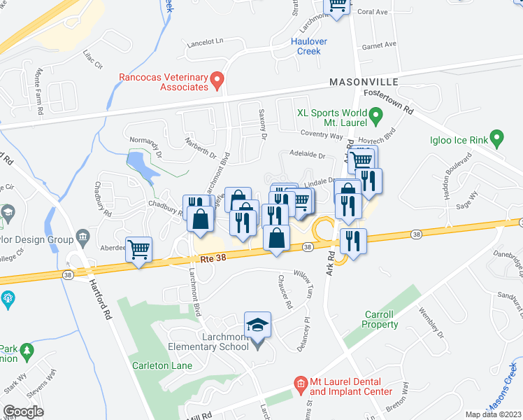 map of restaurants, bars, coffee shops, grocery stores, and more near 1905A Sedgefield Drive in Mount Laurel Township