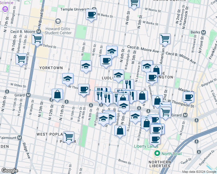 map of restaurants, bars, coffee shops, grocery stores, and more near 1327 North 7th Street in Philadelphia