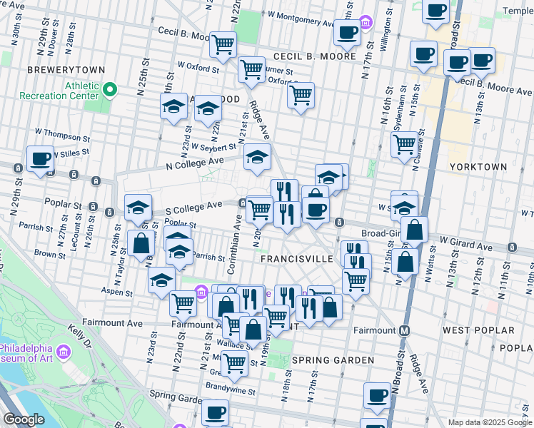 map of restaurants, bars, coffee shops, grocery stores, and more near 1932 West Girard Avenue in Philadelphia