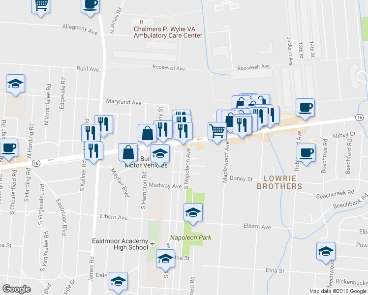 map of restaurants, bars, coffee shops, grocery stores, and more near 3559 East Broad Street in Columbus