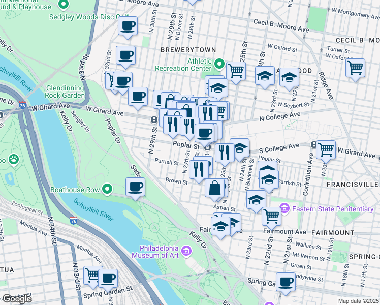 map of restaurants, bars, coffee shops, grocery stores, and more near 885 North 27th Street in Philadelphia