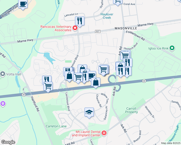 map of restaurants, bars, coffee shops, grocery stores, and more near 1905A Sedgefield Drive in Mount Laurel Township