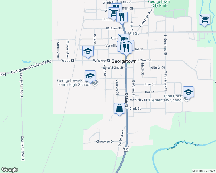 map of restaurants, bars, coffee shops, grocery stores, and more near 402 Logan Street in Georgetown