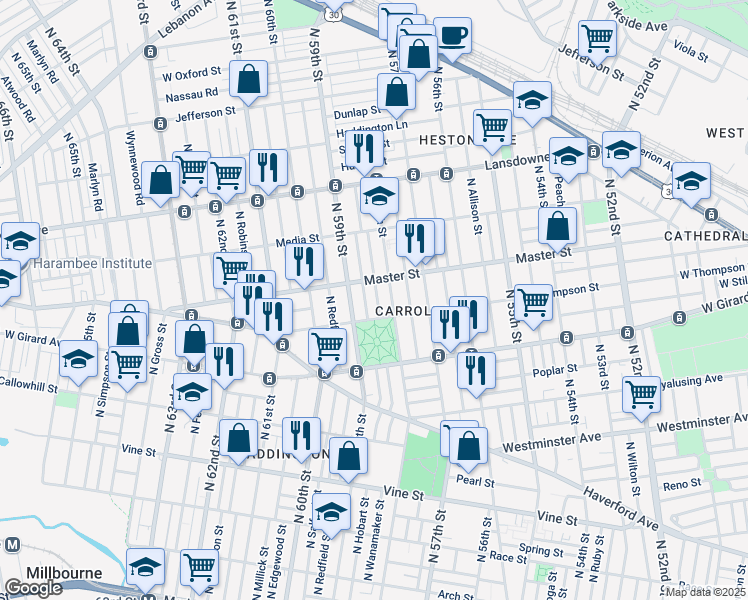 map of restaurants, bars, coffee shops, grocery stores, and more near 1326 North Wanamaker Street in Philadelphia