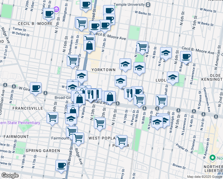 map of restaurants, bars, coffee shops, grocery stores, and more near 1123 Custis Place in Philadelphia