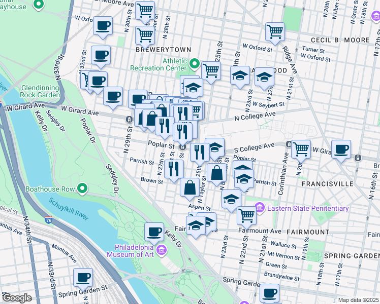 map of restaurants, bars, coffee shops, grocery stores, and more near 2526 Poplar Street in Philadelphia