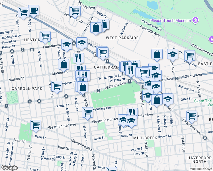 map of restaurants, bars, coffee shops, grocery stores, and more near 4997 1/2 West Girard Avenue in Philadelphia