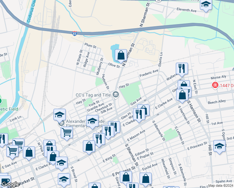 map of restaurants, bars, coffee shops, grocery stores, and more near 275 North Sherman Street in York