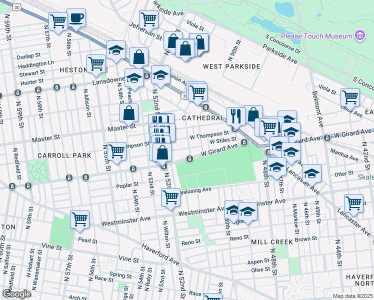 map of restaurants, bars, coffee shops, grocery stores, and more near 1220 North 51st Street in Philadelphia